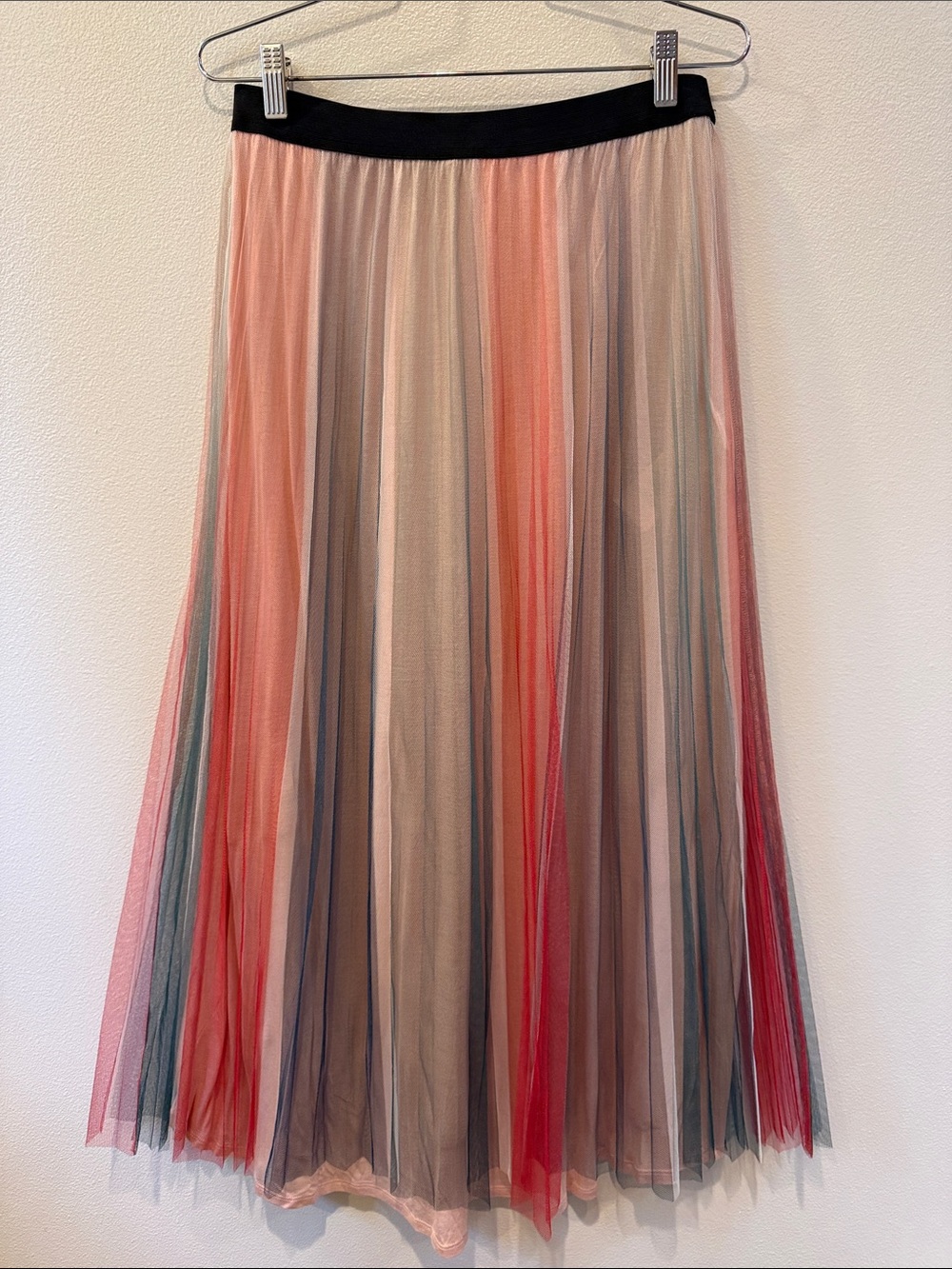 Maje Joanelle Pleated Tulle Midi Skirt - Pink, Coral, Teal, Beige
